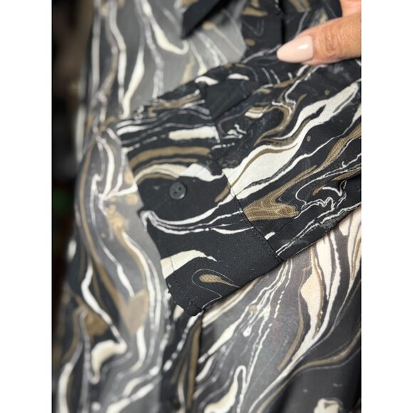 NEW Dress Forum Blouse S Long Sleeve Black Beige Print Dressy Sheer Button Up - Picture 4 of 12